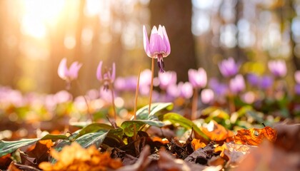 希少なピンクフェアリーランタン（Disporum）をクローズアップで撮影。
背景は森を柔らかくぼかし、木漏れ日で自然光を表現。