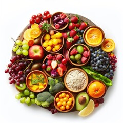 Colorful array of fresh fruits and vegetables on a wooden platter