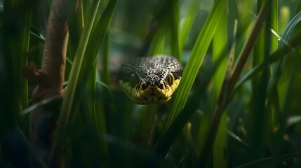 Venomous Snake Hiding in Grass  – Dangerous Wildlife in Forest