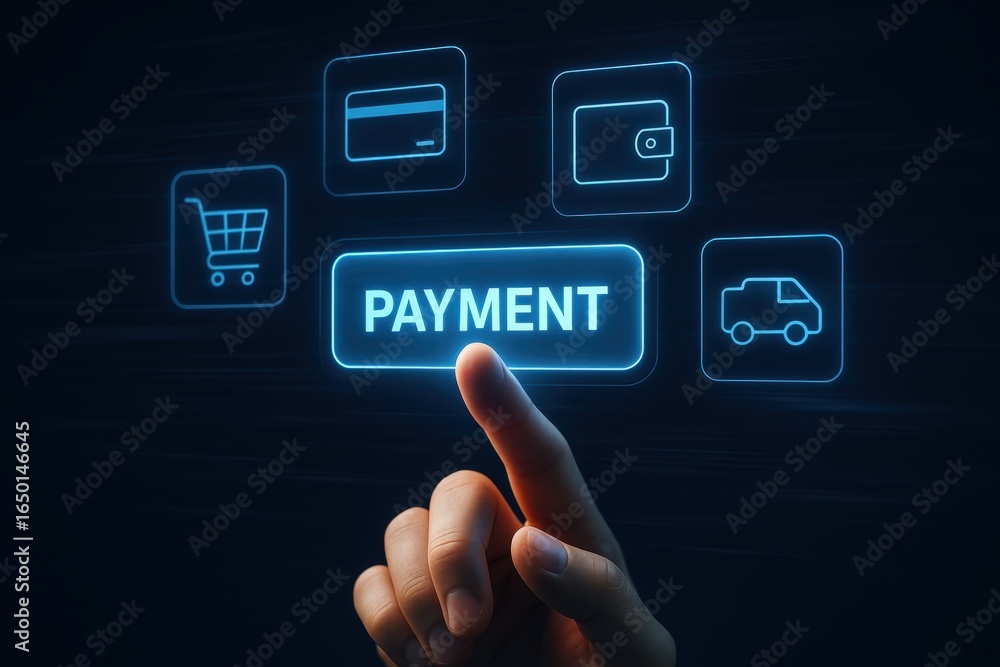 Poster hand touching a glowing payment button on a digital interface.