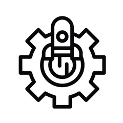 Black line art of a gear with a rocket over a power symbol, line icon. Editable stroke