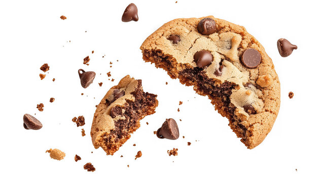 Broken chocolate chip cookie with crumbs, delicious dessert treat on transparent background