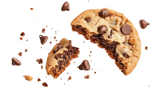 Broken chocolate chip cookie with crumbs, delicious dessert treat on transparent background