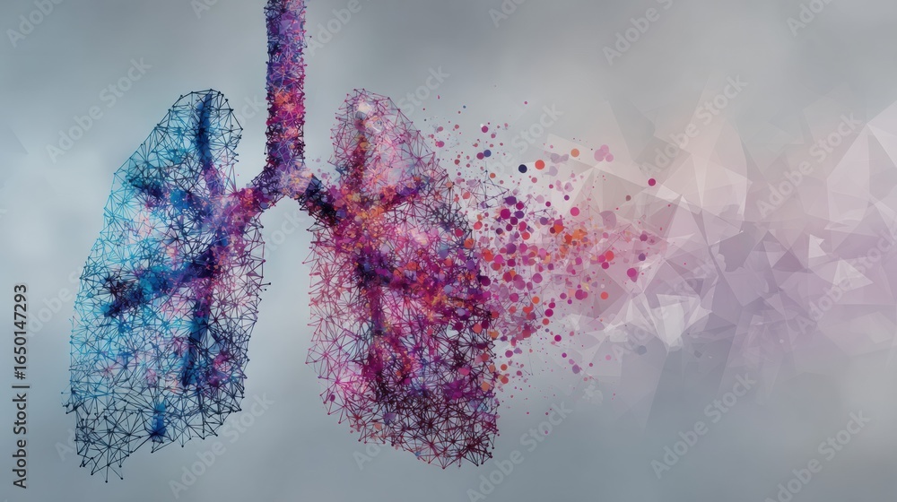 Poster visualization of human lungs representing respiratory health and well-being in a colorful abstract d