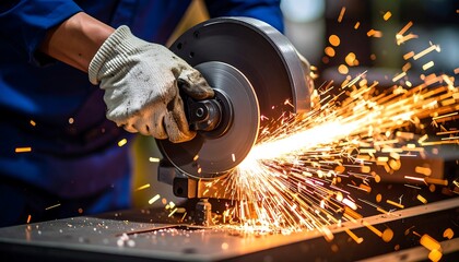 Close-up of a worker using a metal cutting saw.
