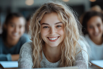 A beautiful blonde woman smiling and happy with friends.