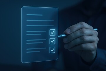 Hand holding pen over digital checklist.