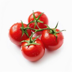 Four fresh, ripe tomatoes clustered together on stems, wet with water droplets, against a plain white background