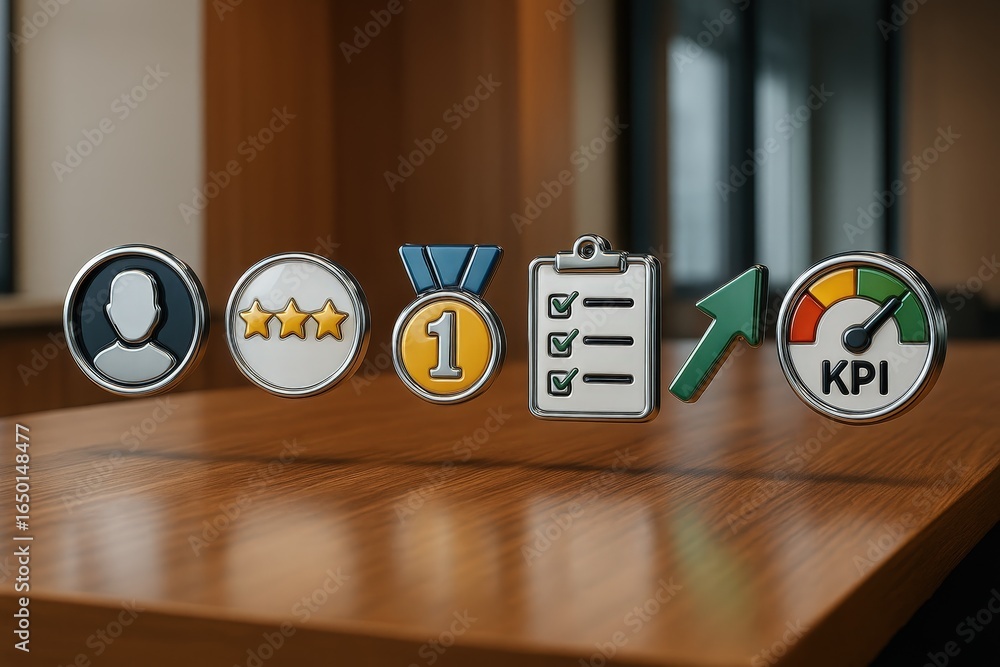 Aufkleber floating icons representing metrics and performance indicators on a wooden surface.