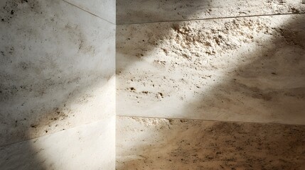 Abstract Beige Travertine Stone Wall Texture with Dramatic Sunlight and Shadows in a Corner