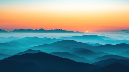 Fototapeta premium Misty mountain range at sunrise. Layers of bluish-teal hills fade into orange-pink sky. Soft light