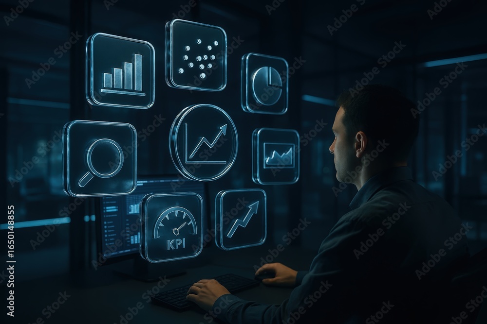 Poster person focusing on data visualizations on a computer screen.