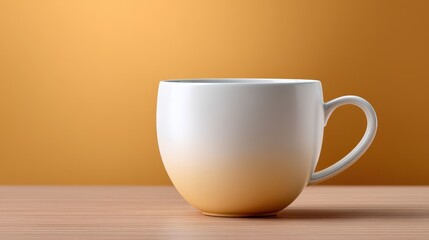 Elegant ceramic mug with an ombre design on a wooden surface against a warm backdrop.