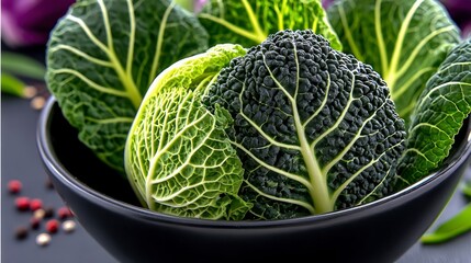Fototapeta premium Fresh green savoy cabbage leaves in a black bowl with peppercorns vegetable