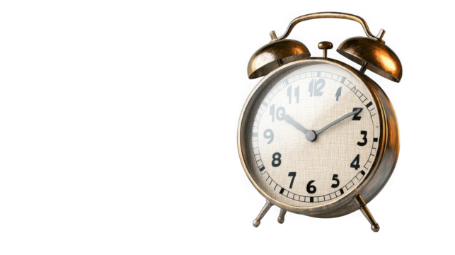 Metallic alarm clock showing the time, reminder and deadline concept on transparent background