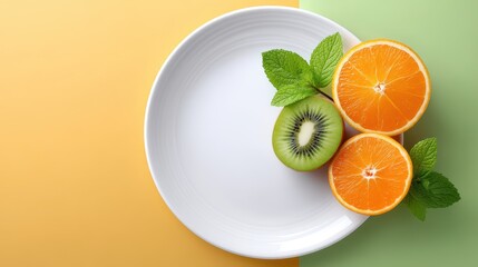 Citrus fruits and mint leaves on a white plate against colorful backgrounds.