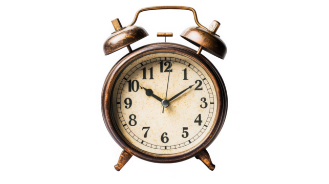 Ged alarm clock showing ten past two, vintage timepiece on transparent background
