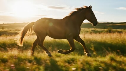 Majestic horse galloping through a meadow, embodying freedom and wild beauty in golden light.
