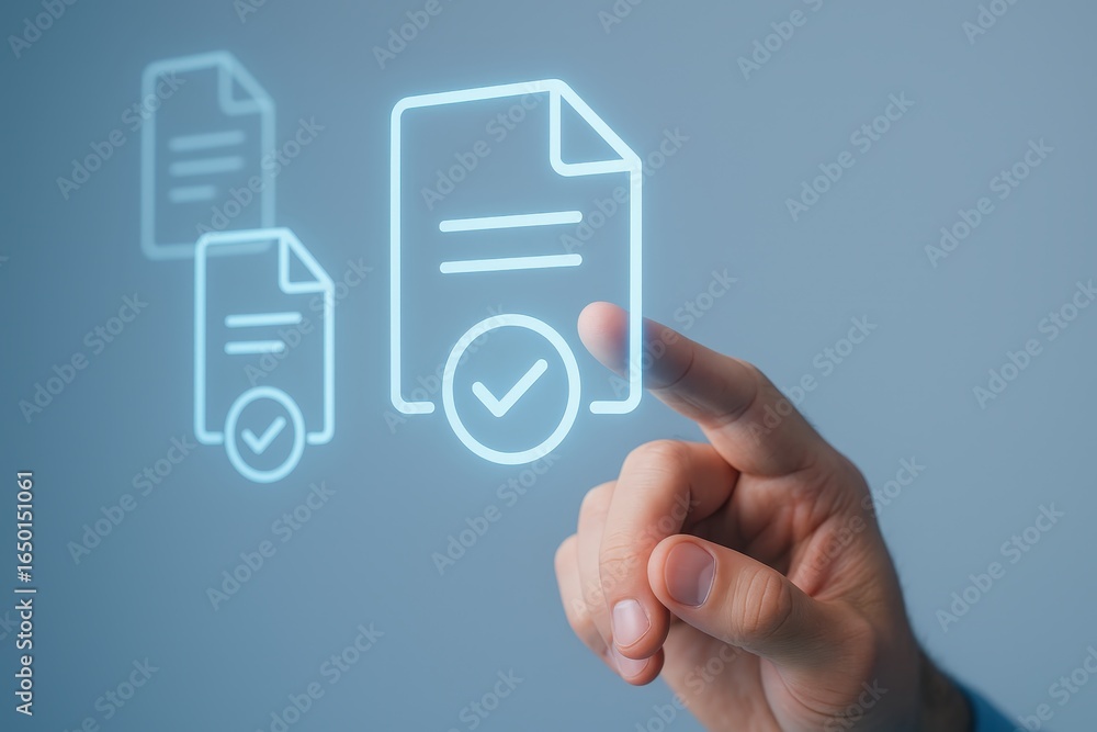 Poster hand points to a digital document with a checkmark.