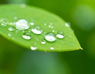 Macro close-up of water droplets on a vibrant green leaf highlighting freshness and purity with