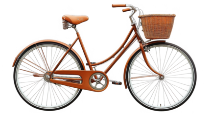 Orange bicycle with wicker basket, vintage style transportation on transparent background