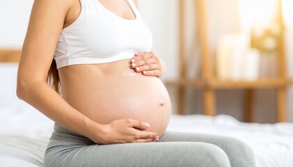 Pregnant woman sitting cross-legged holding belly.