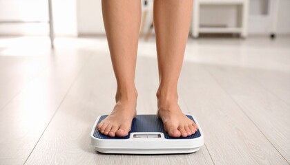 Woman in casual clothes standing on scale at home