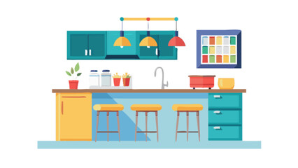 Fototapeta premium Illustration of a kitchen interior with cabinets stools and hanging lights in a flat design style