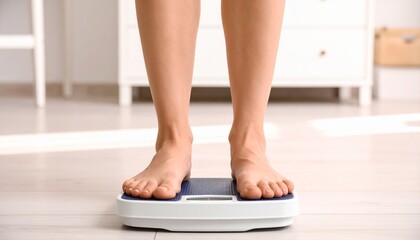 Close-up pregnant woman standing on scale for weight check.