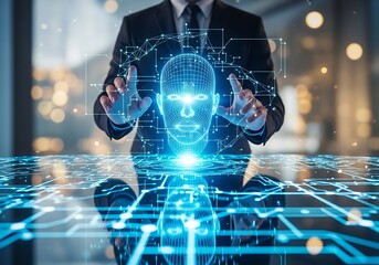 Businessman interacts with a glowing blue digital human head wireframe interface