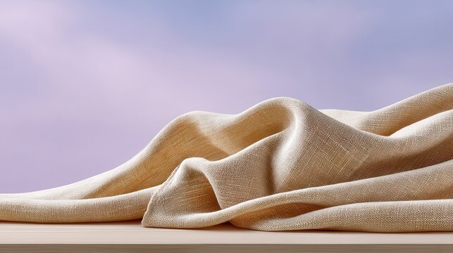 Soft, beige fabric draped elegantly on a smooth wooden surface against a pastel sky.