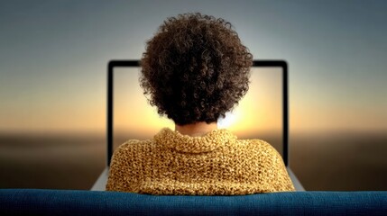 Person with curly hair wearing a knitted sweater gazes at a laptop screen displaying a sunset over a blurred background