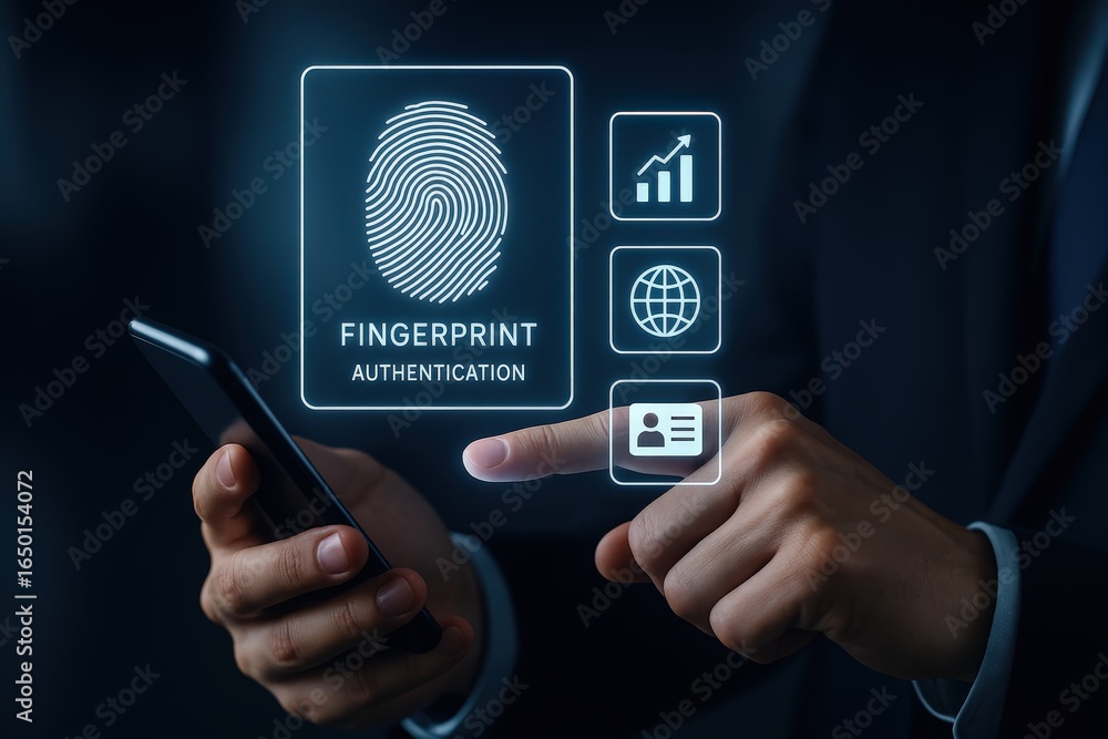 Poster A person interacts with a holographic fingerprint authentication interface on a smartphone.