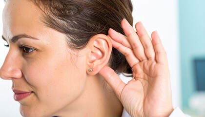 Fototapeta premium Woman holding ear, showing pain or hearing issue.