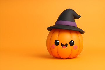 Kawaii Cute Halloween Pumpkin with Witch Hat on Orange Background