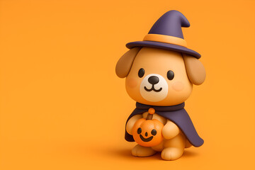 Kawaii Cute 3D Halloween Dog with Pumpkin on Orange Background