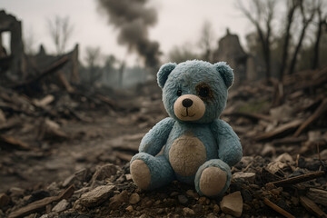 Damaged Blue Teddy Bear in War-Torn Ruins with Smoke