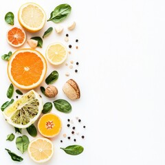 Fresh citrus and herbs arranged on a white surface