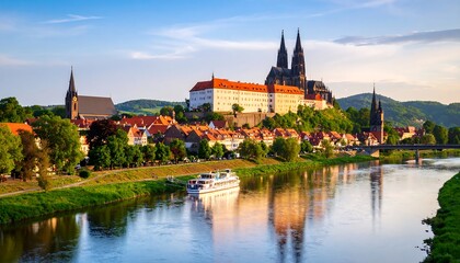 Obraz premium European cityscape with river and castle