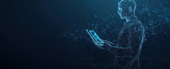Abstract wireframe man holding tablet with AI chip hologram. Technology innovation background. Tech bg. Artificial intelligence concept. Scientist with AI processor. 3D low poly illustration