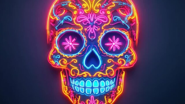 A vibrant neon skull design with intricate patterns and bright colors, often associated with celebrations or festivals. The artistic representation is a modern take on traditional sugar skulls.