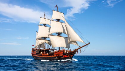 A majestic, three-masted sailing ship glides across a vibrant blue sea under a bright sky