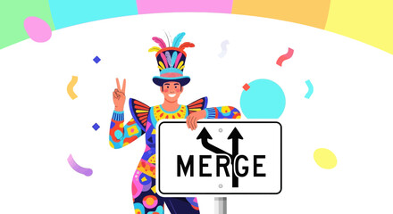 Festive Figure Represents Merging Paths Or Decisions In A Playful Setting