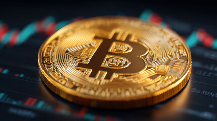Bitcoin's Digital Symphony: A glimmering Bitcoin shines, its golden surface catching the light against a backdrop of fluctuating market charts.