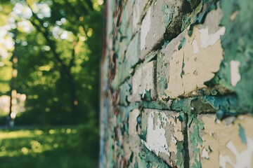 Grungy Peeling Green and Yellow Paint Texture on Old Brick Wall with Soft Blurred Green Nature Background