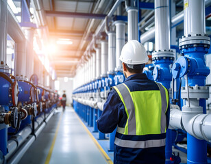 Professional engineer inspecting complex industrial piping and machinery systems within a modern manufacturing plant facility, ensuring operational efficiency and safety