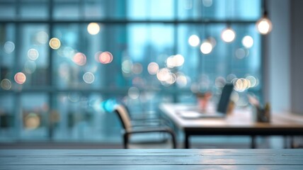 Modern blurred office interior with bokeh lights, abstract workspace background for corporate, business, and professional presentations, digital banner design concept