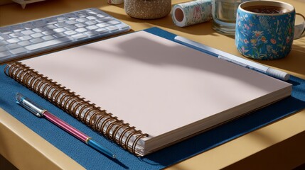 Open notebook with pen and coffee on desk keyboard and decorative items in background