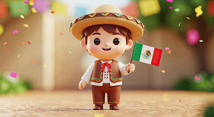 Cute Boy Character holding a small flag Celebrating Mexican Independence Day