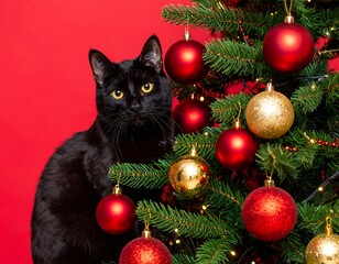 Black cat near Christmas tree